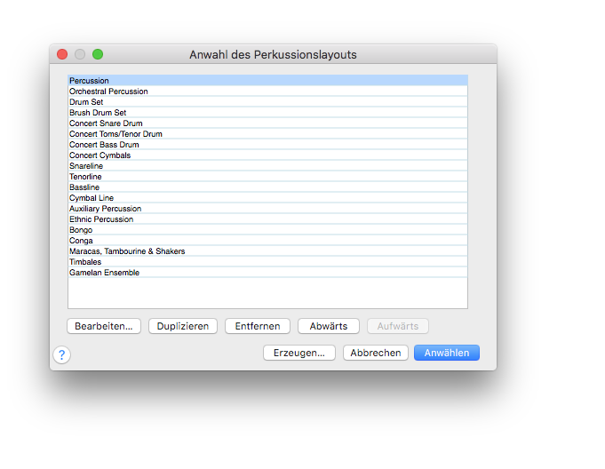 Dialogbox Anwahl des Perkussionslayouts